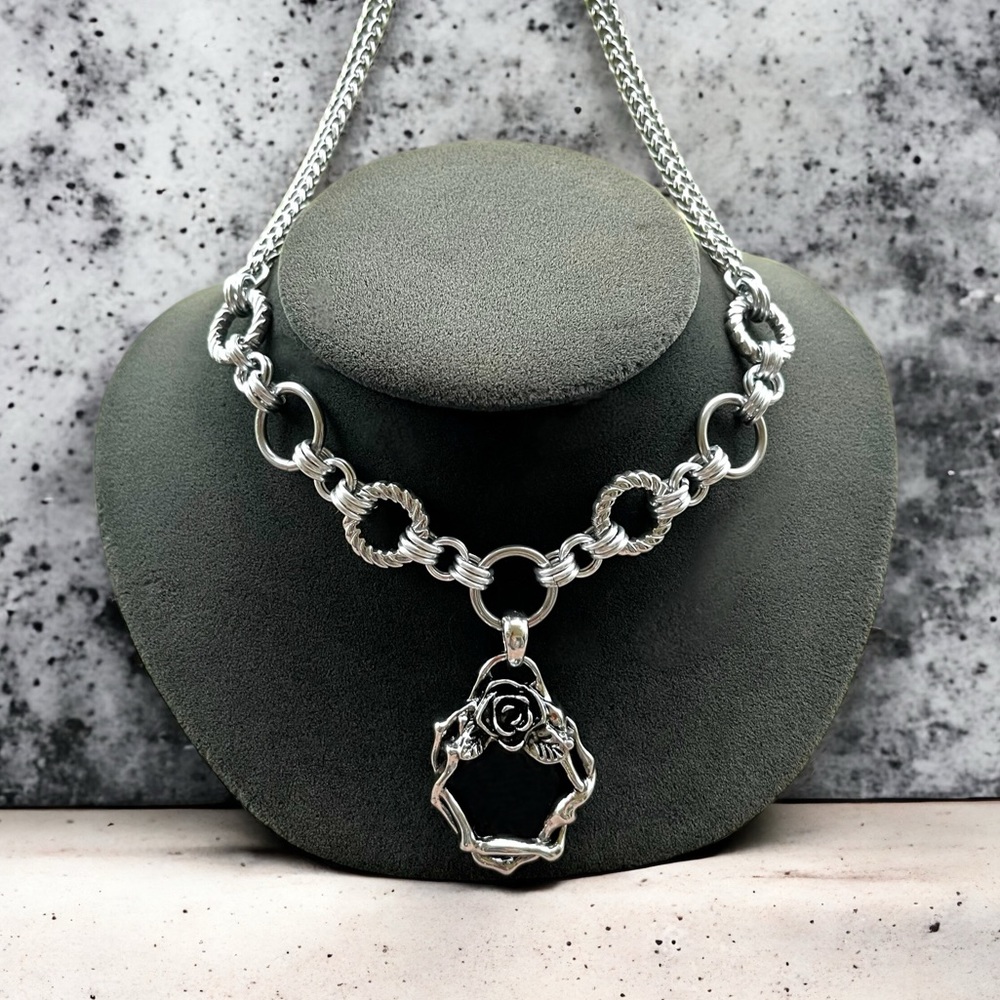 Stainless steel necklace double chain black onyx gemstone rose charm boho goth - Picture 2 of 10